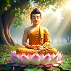 Serene Buddha Meditation on Lotus Flower &ndash; Spiritual Zen Art, Mindfulness and Buddhist Enlightenment Concept