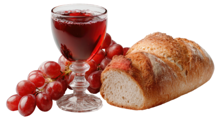 Bread, red grapes, and wine fill a goblet against a transparent background