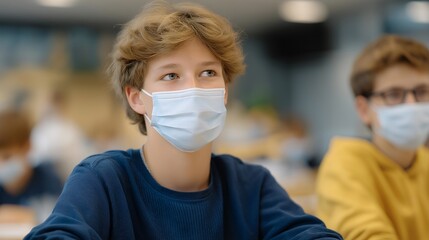 A classroom setting with students attentively listening to their teacher, all wearing face masks, highlighting a focused learning environment adapted for health precautions during the school day.