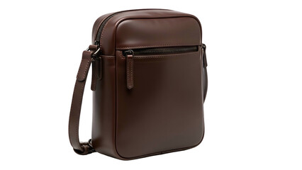 A smooth, rectangular, brown leather crossbody bag with a zip closure