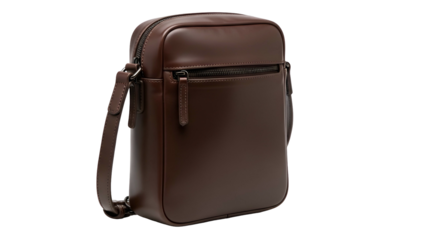 A smooth, rectangular, brown leather crossbody bag with a zip closure