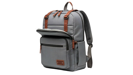 Gray backpack with brown leather accents and a partially open compartment