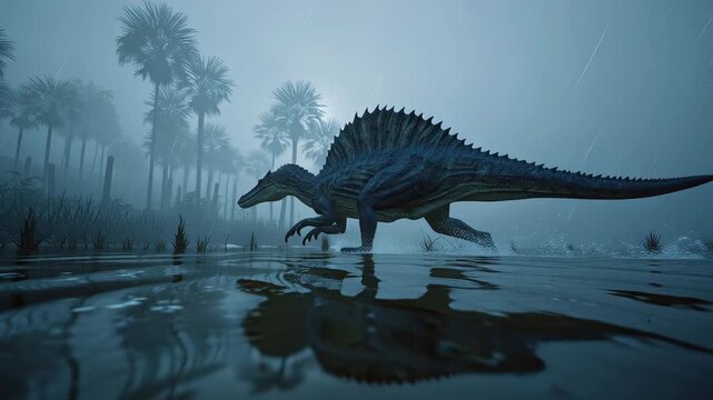 Spinosaurus Walking Through Primordial Swamp Foggy Prehistoric Scene