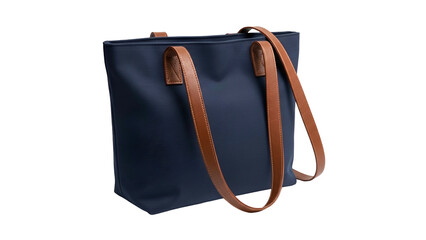 Navy tote bag with brown leather straps and handle accents, on a black background