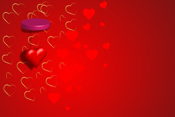 Valentine's day background with red hearts 3d and podium. Vector illustration. copy space area