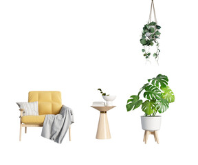 stylish modern interior with a yellow armchair, hanging plant, and monstera plant, creating a welcoming and chic ambiance