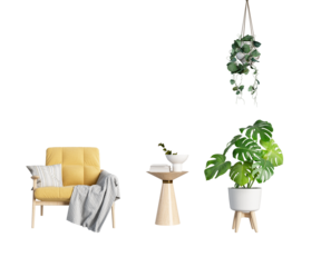 stylish modern interior with a yellow armchair, hanging plant, and monstera plant, creating a welcoming and chic ambiance