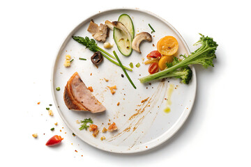 poster of a plate with unfinished food scraps, white background, food waste symbolism