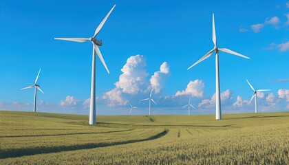 Wind turbines in a green field under a blue sky grass