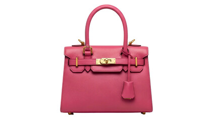 A luxurious, vibrant pink handbag with gold hardware, sitting against a black background