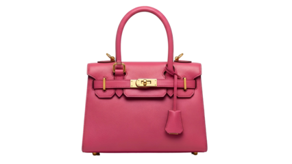 A luxurious, vibrant pink handbag with gold hardware, sitting against a black background