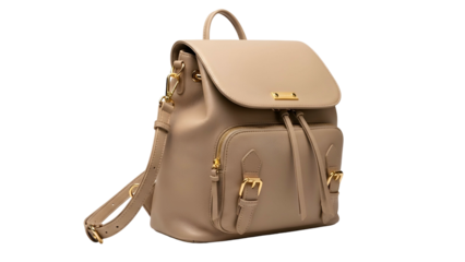 Beige leather backpack with flap closure, front pockets, and adjustable straps