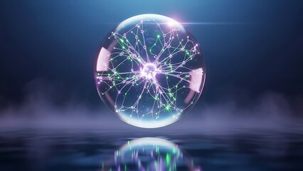 Glowing orb with intricate network of lights and colors in a dark background