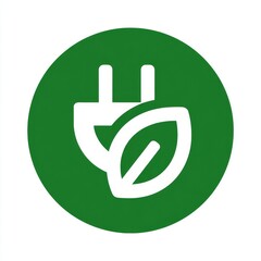Design featuring a green, renewable plug leaf icon as an electric power, energy, charge button symbol illustration