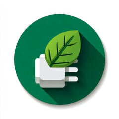 Green renewable plug leaf icon design, illustrating electric power, energy, charge, and button symbol