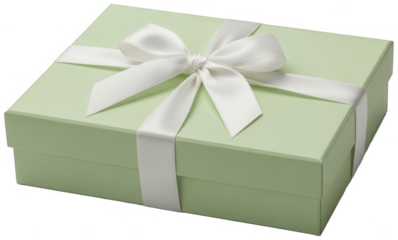 Perspective view of mint green gift box with white ribbon