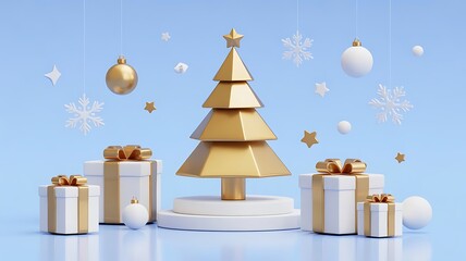 Elegant golden christmas tree with ornate gifts and decorations