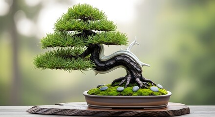 Serene japanese pine bonsai tree featuring a gnarled trunk and vibrant foliage on a display stand