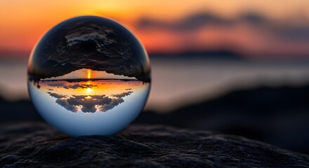 A crystal ball captures a beautiful inverted reflection of a vibrant orange sunset over the water