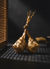 Pair of Ketupat Rice Dumplings Standing with Dramatic Moody Lighting and Shadows
