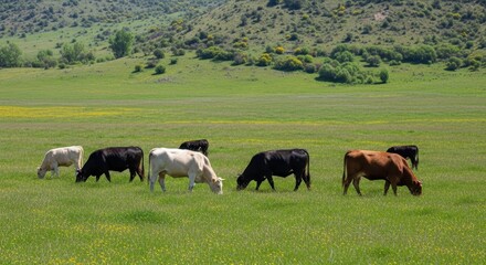 Naklejka premium Several Cattle Grazing in a Lush Green Pasture Under a Sunny Rural Sky