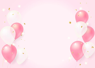 Pink Birthday Background with White Balloons and stars  Copy Space Soft Pastel Design