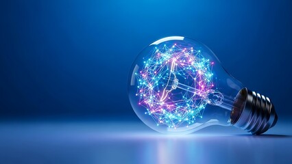 Glowing light bulb with colorful neon lights and dark background