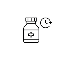 Pills bottle, insurance and clock. Scheduled medical prescriptions, alerts, or time-sensitive medication. Pixel perfect, editable stroke vector icon