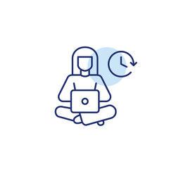 Woman user at laptop and clock. Daily routine, time tracking and work schedules. Pixel perfect, editable stroke vector icon