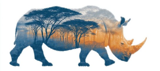 The savanna at sunset, featuring a rhinoceros, is depicted using image technology