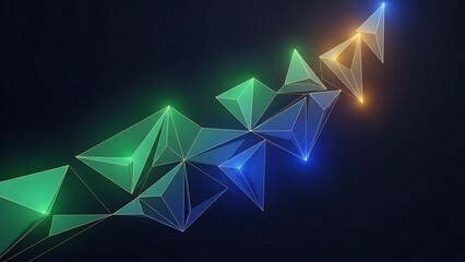 A futuristic 3d geometric dragon sculpture with neon green and blue lights on a dark background