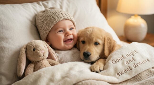 Joyful baby and playful puppy snuggled together in cozy bedtime scene warm home environment heartwarming content close-up viewpoint cherished memories