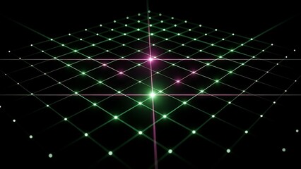 A glowing green and pink star pattern on a black background with intersecting lines and scattered dots