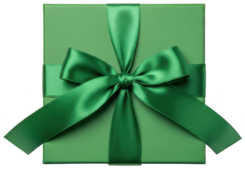 Green gift box with satin ribbon bow on transparent background top view