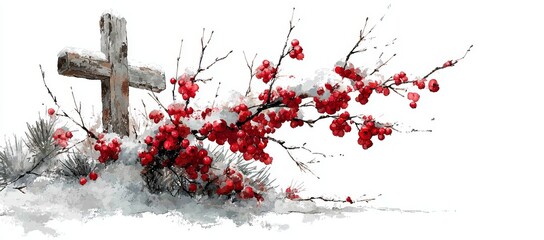 A cross and Christmas leaves on a copy space background illustrate the notions of religion, faith, worship, and spirituality, tied to image technology