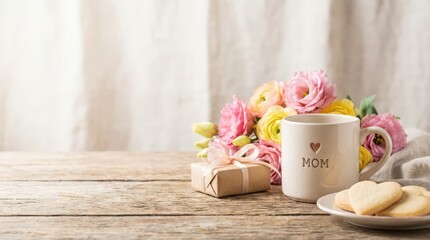 Mother's day celebration with coffee mug gift wrap cookies and flowers on rustic table cozy home environment warm and inviting perspective