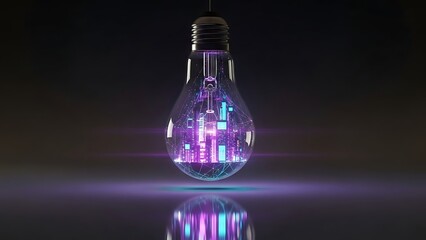 A vibrant pixelated light bulb glowing with purple and blue hues in a dark setting