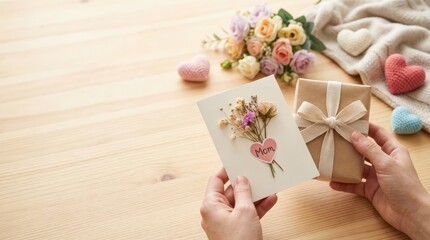 Celebrating mother's day with thoughtful gifts and cards cozy home setting gift exchange moment warm atmosphere heartfelt expressions