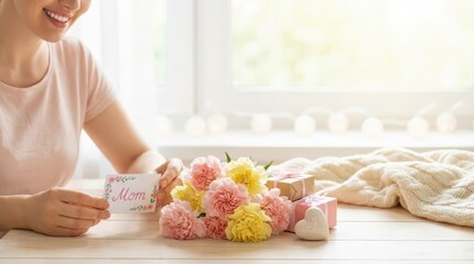 Celebration of motherhood heartfelt gesture with flowers and card cozy home environment lifestyle photography warm and inviting atmosphere