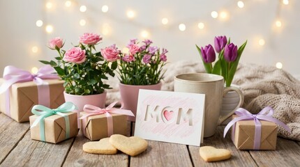 Delightful spring celebration with flowers cookies and gifts on rustic wooden table home lifestyle photography cozy atmosphere warm lighting joyful moments