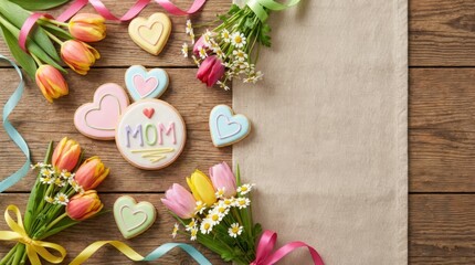 Mother's day celebration with colorful flowers heart-shaped cookies and sweet treats on a wooden table indoor setting celebratory concept