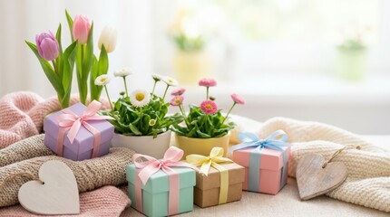 Spring celebration beautiful floral arrangements and gift boxes on a cozy table indoor setting natural light concept of joy and gifting