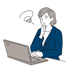 Business Woman Thinking While Working on Laptop Illustration