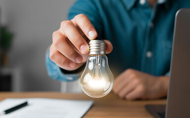 Holding a light bulb near a laptop
