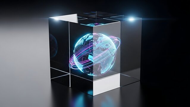 Glowing blue earth inside a transparent cube with geometric lines and lights