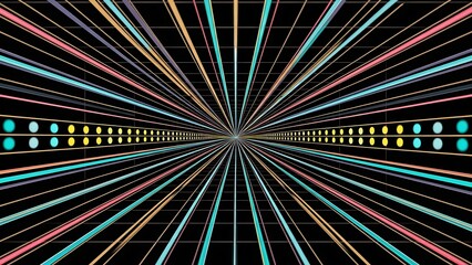 Vibrant digital tunnel with colorful neon lines and grid pattern on black background