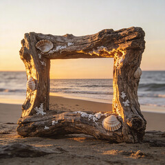 Driftwood frame mockup with seashells, rustic coastal decor, hyper‑realistic wood grain, salt‑worn texture, warm sunset light, transparent art print frame, beach aesthetic photography