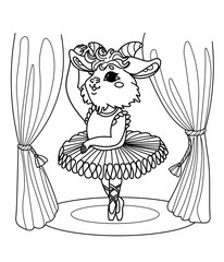 Vector illustration children's coloring book about professions. Linear goat ballerina