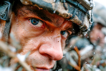 Soldiers in camouflage focus during outdoor training in snowy conditions Generative AI