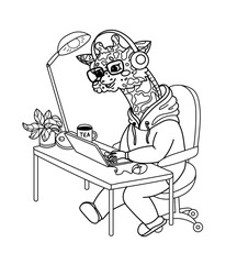 Vector illustration children's coloring book about professions. Linear giraffe IT specialist